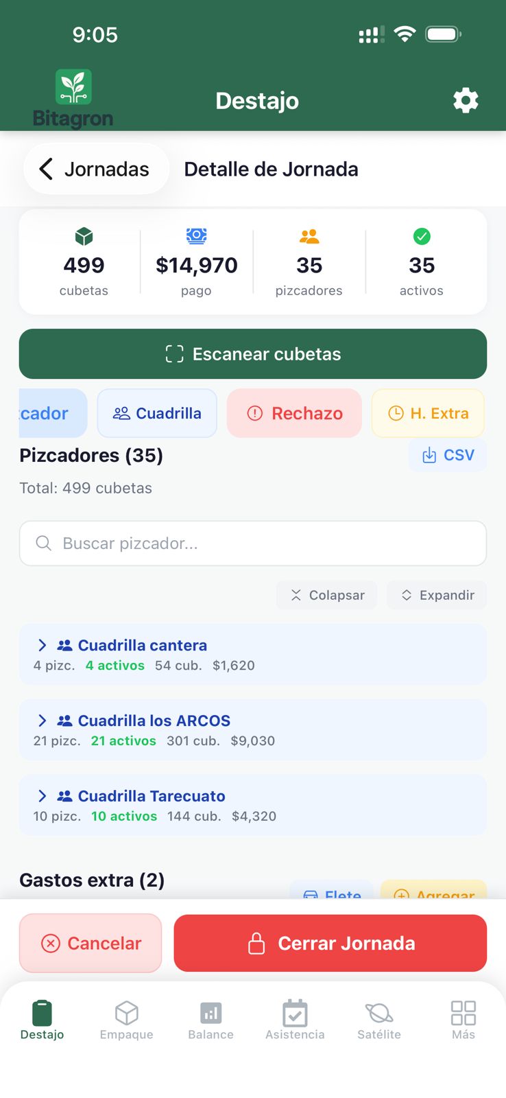 Detalle de jornada con cuadrillas