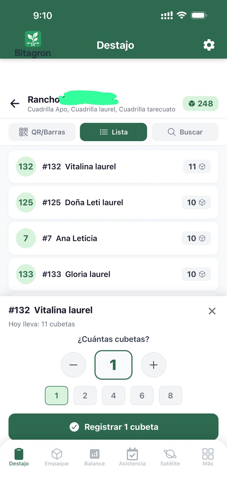 BitAgron Destajo - Registro de cubetas por pizcador